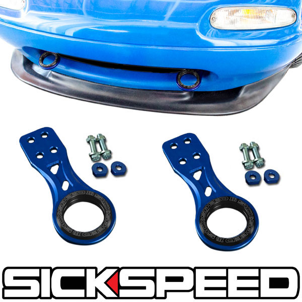 2 PC BLUE BASE BLACK RING FRONT BUMPER STRENGTH RACING TOW HOOK SET FOR  MAZDA